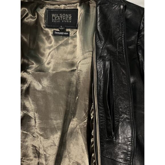 Men's L Wilsons Black Leather Coat Removable Thinsulate Lining Zip Up Minimalist - Picture 12 of 16